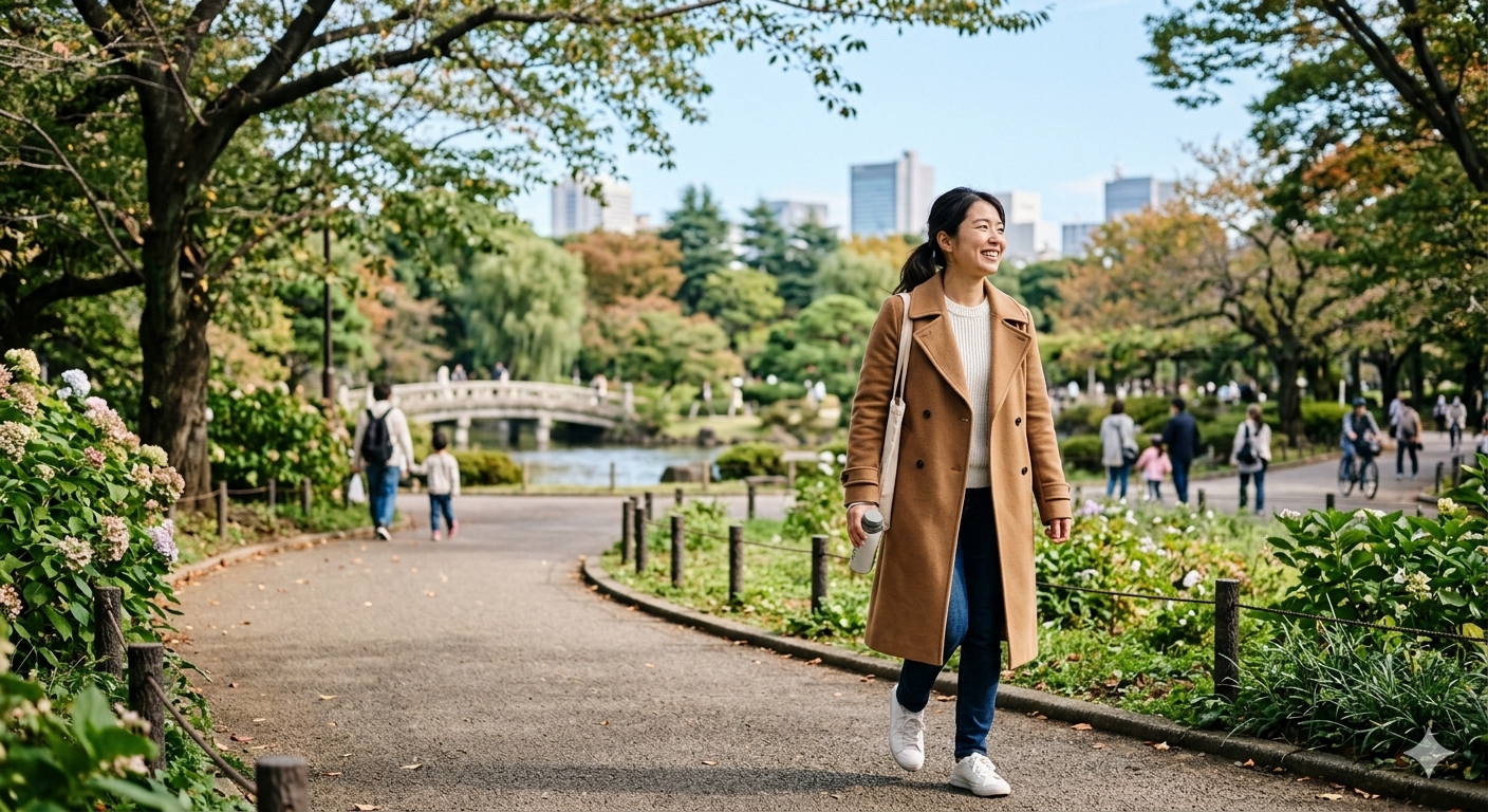 公園を散歩してプチリトリートを楽しむ女性